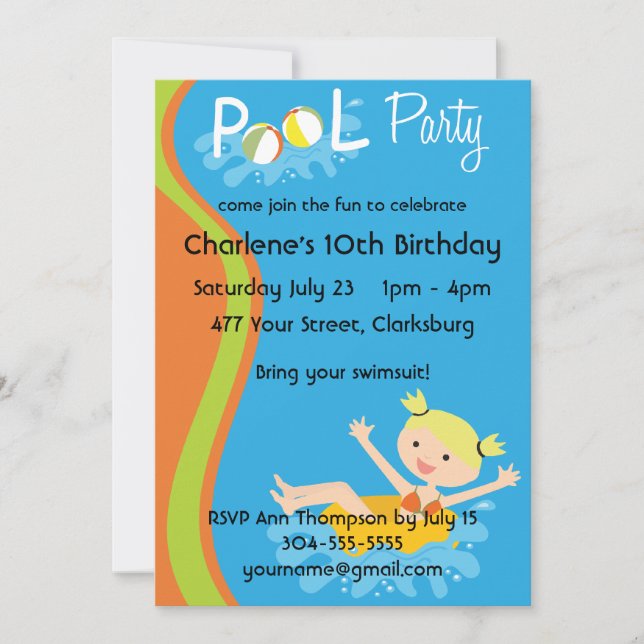 Bassäng Party Blonde Inbjudningar (Framsida)