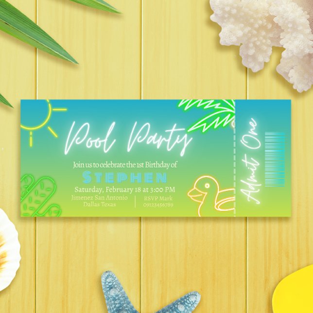 Bassäng Party Boy Birthday Biljett Inbjudningar (Pool Party Boy Birthday Ticket Invitation)