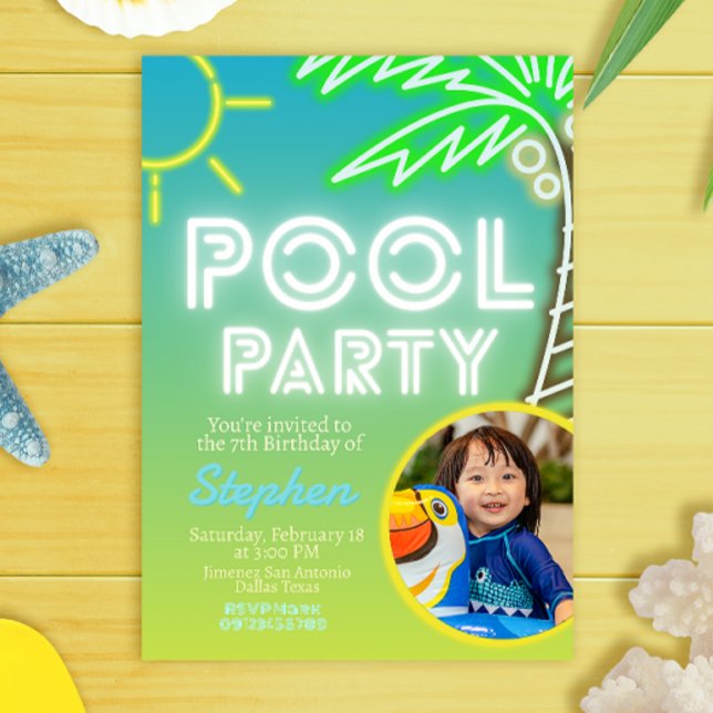 Bassäng Party Boy Birthday med fotoinbjudan Inbjudningar (Pool Party Boy Birthday with Photo Picture Invitation)