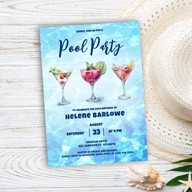 Bassäng Party Cocktail-sommaren Inbjudningar (Pool Party Cocktail Summer Birthday Invitation)