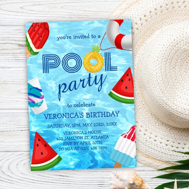 Bassäng Party Coola Roligt, sommarfödelsedag Inbjudningar (Pool Party Cool Fun Summer Birthday Invitation)