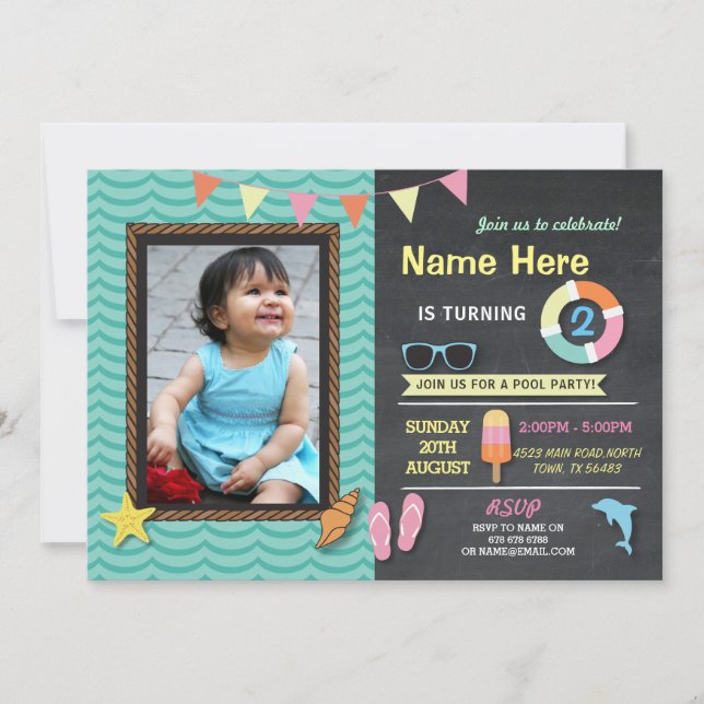 Bassäng Party födelsedag Foton sommaren Mint Inbju Inbjudningar (Framsida)