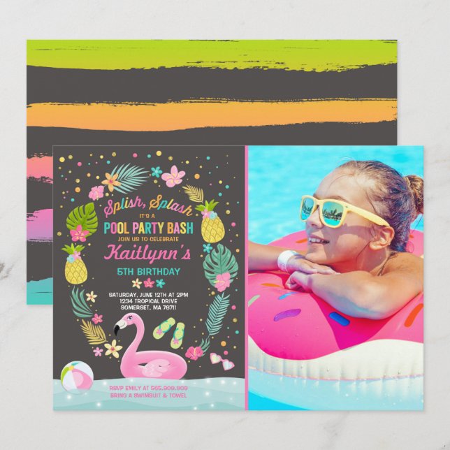 Bassäng Party födelsedag: Tropical Flamingo Inbjudningar (Fram/baksida)