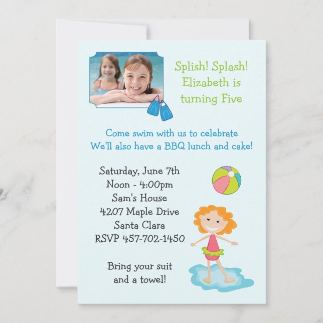 Bassäng Party Födelsedagsfest inbjudan (Framsida)