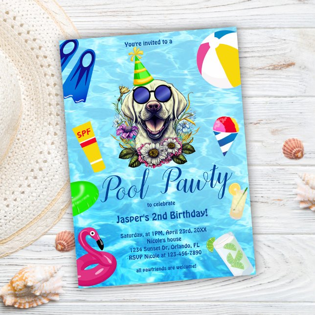 Bassäng Party Hund Inbjudningar (Pool Party Dog Birthday Invitation)