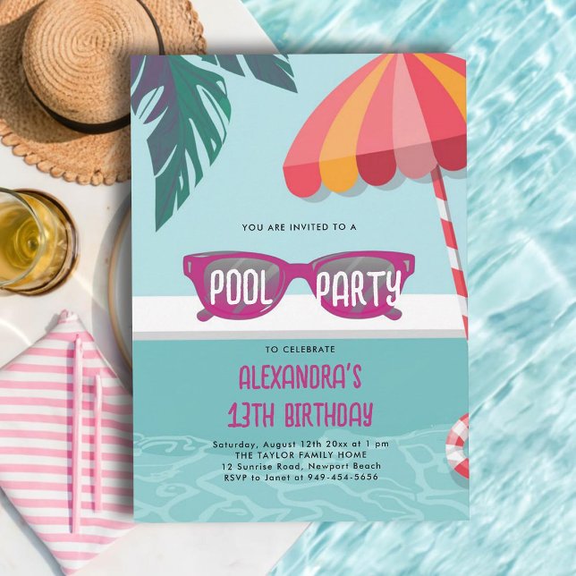 Bassäng Party Modern Tropical Löv Cute Tonåring fö Inbjudningar (teen pool party invitations for girls tween thirteen pink sunglasses tropical leaf cute modern cool)
