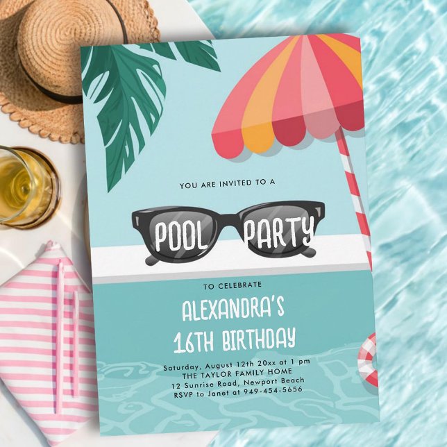 Bassäng Party Modern Tropical Löv Roligt Cute Swee Inbjudningar (sweet 16 pool party invitations pink teal tropical leaf modern simple fun cool teen sunglasses cute)