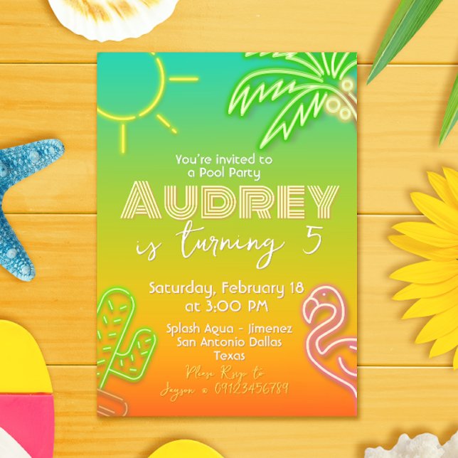 Bassäng Party Neon - Tropical - Aloha Inbjudningar (Pool Party Tropical Neon Invitation )