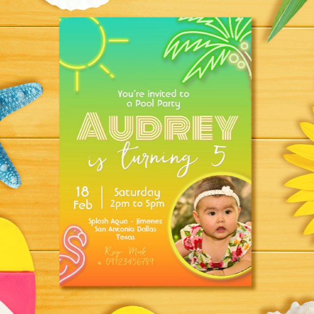 Bassäng Party Neon - Tropiskt - Aloha med Bild Inbjudningar (Pool Party Tropical Neon Invitation with Photo)