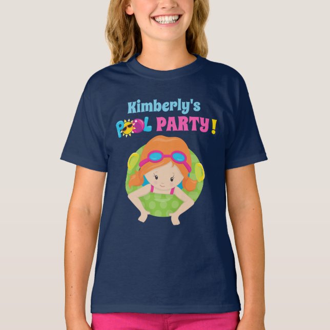 Bassäng Party Rödhårig Birthday Girl Cute Anpassni T Shirt (Framsida)