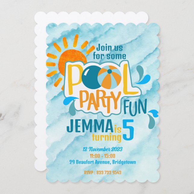 Bassäng Party Roligt Birthday Inbjudan (Fram/baksida)