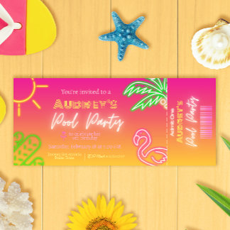 Bassäng Party Rosa Neon Biljett Inbjudningar