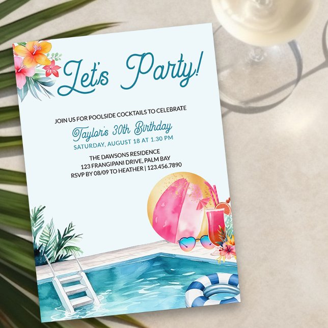 Bassäng Party Sommar Cocktails Vuxen Birthday Inbjudningar (Pool Party Adult Birthday Invitation with tropical vibe and modern lettering)