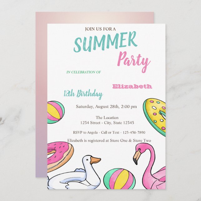 Bassäng Party sommartid, Födelsedagsfest Inbjudningar (Fram/baksida)