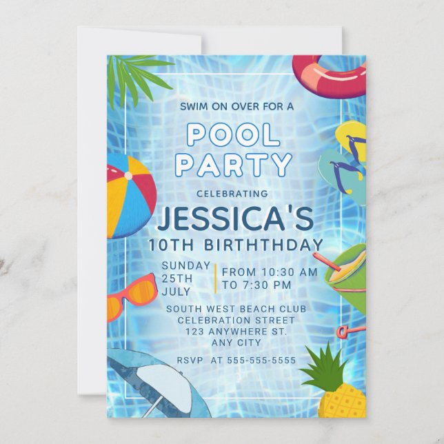 Bassäng Party Spanska Stänk-Bassäng-födelsedagen Inbjudningar (Framsida)