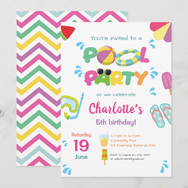 Bassäng Party Theme Inbjudningar (Fram/baksida)