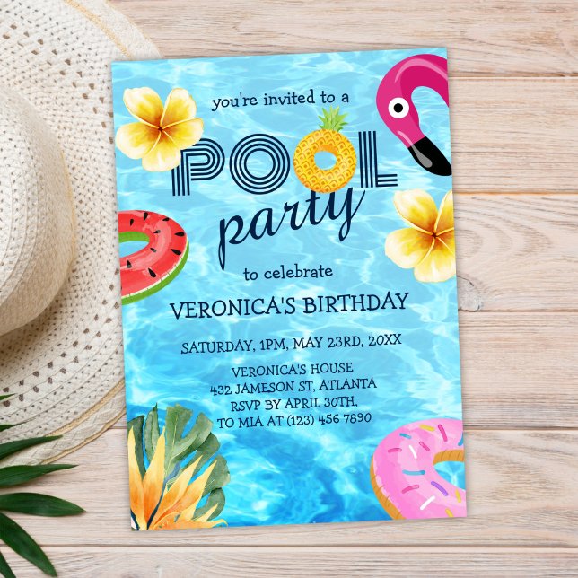 Bassäng Party Trendig Modern sommarfödelsedag Inbjudningar (Pool Party Trendy Modern Summer Birthday Invitation)