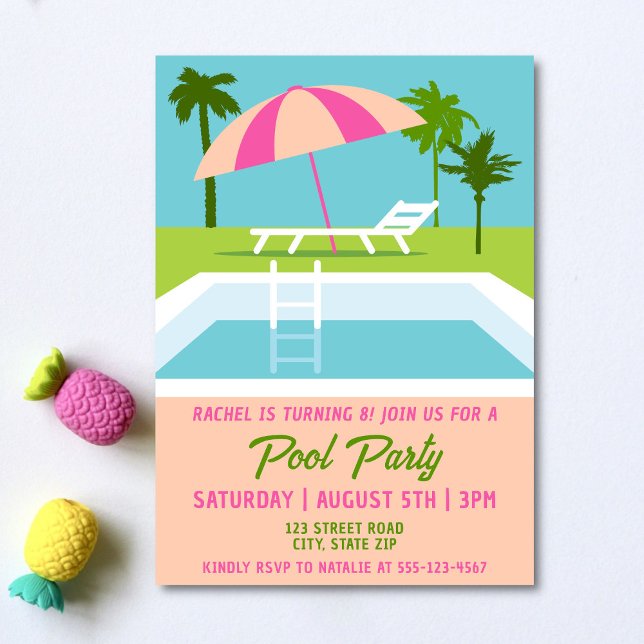 Bassäng Party Tropiskt simmande Bassäng Girls föde Inbjudningar (Pool party birthday invitation on a light background with pineapple accessories. )