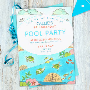 Bassäng Party Turtles sommarfödelsedag Inbjudningar