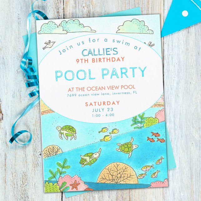 Bassäng Party Turtles sommarfödelsedag Inbjudningar (Skapare uppladdad)