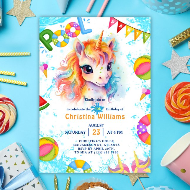 Bassäng Party Unicorn-sommarfödelsedag Inbjudningar (Pool Party Unicorn Summer Birthday Invitation)