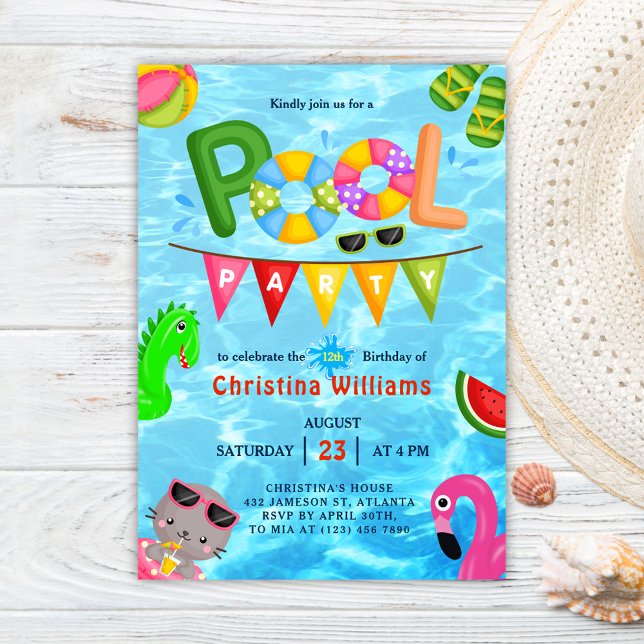 Bassäng Party Vatten, sommarfödelsedag Inbjudningar (Pool Party Water Summer Birthday Invitation)