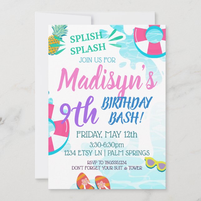 Bassäng Party Watercolor Splish Stänk Birthday OSA Inbjudningar (Framsida)