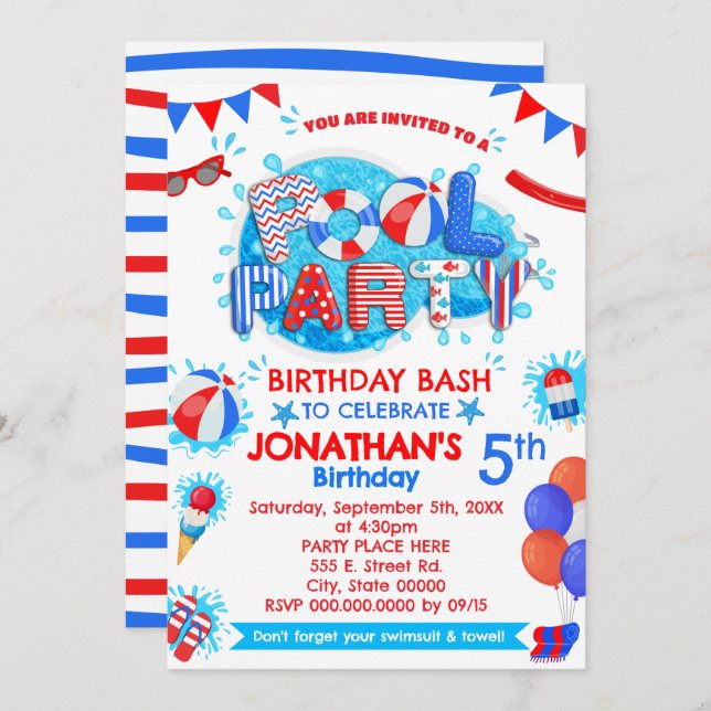 Bassäng sommartid, Rött vitt blått Födelsedagsfest Inbjudningar (Fram/baksida)