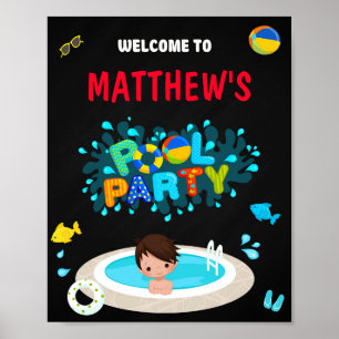 Bassäng välkomnar party-tecknet Boy strand vatten Poster