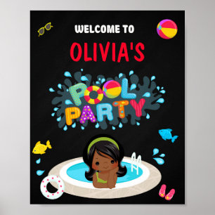 Bassäng välkomnar party-tecknet Flickstrand vatten Poster