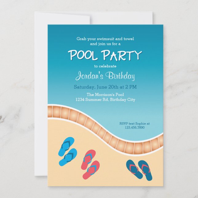 Bassängparty med flinflip flopsfödelsedaginbjudan inbjudningar (Framsida)