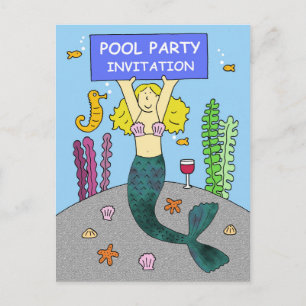 Bassängpartyinbjudan, tecknadMermaid. Inbjudan Vykort