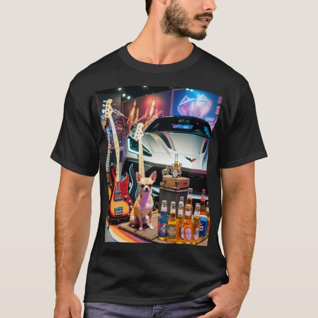 Basses, beer, a Corvette, Chihuahuas and posters. T Shirt (Framsida)