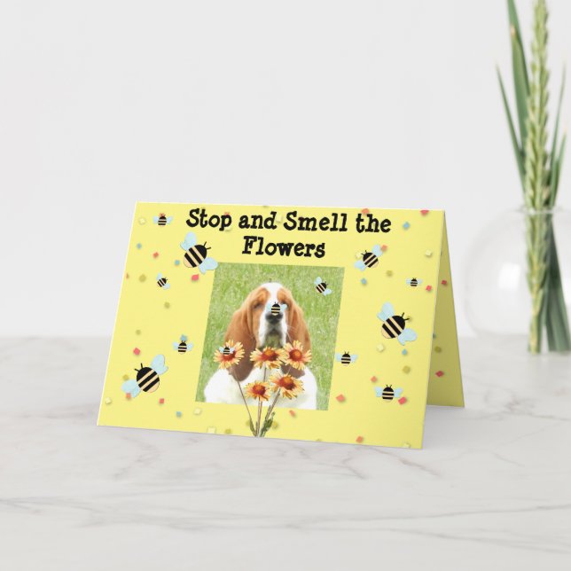 Basset Birthday Card -"Stop and Smell the Flowers" Kort (Framsida)