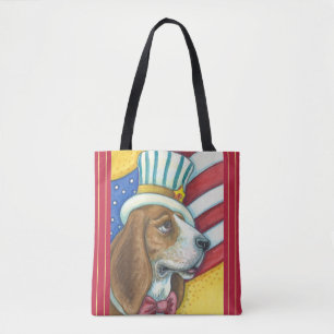 BASSET HOUNCLE SAM, PATRIOTIC HUND TOTE BAG Red Tygkasse
