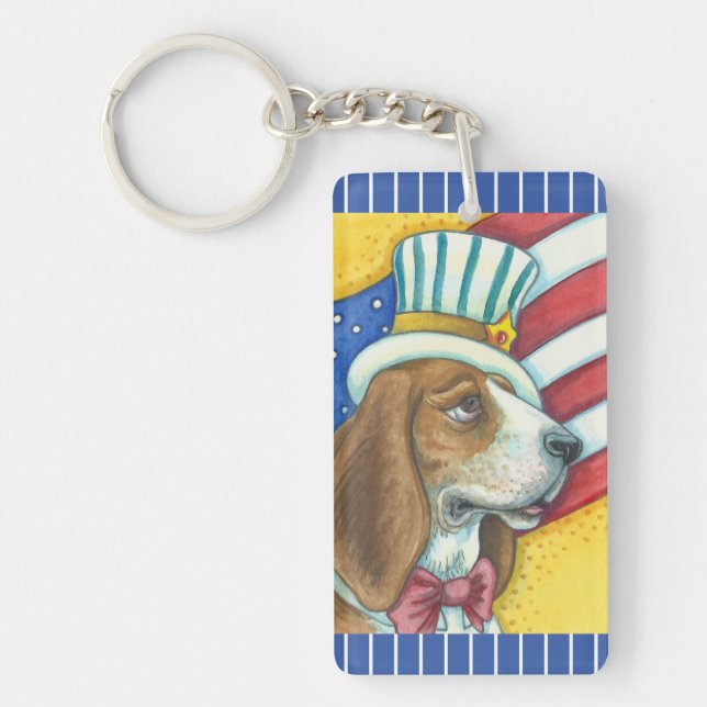 BASSET HOUNCLE UNCLE SAM, PATRIOTIC HUND KEYCHAIN (Framsidan)