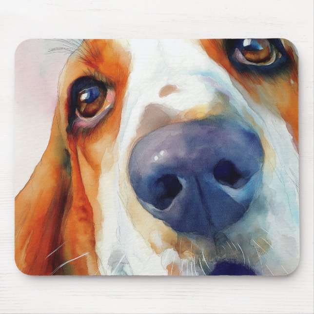 Basset hound akvarellporträtt musmatta (Framsidan)