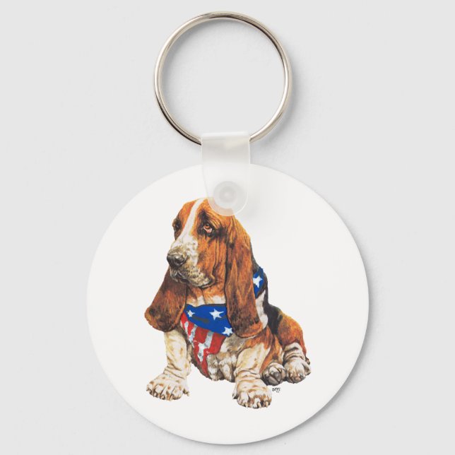 Basset Hound Amerikansk Patriotisk Nyckelring (Framsida)
