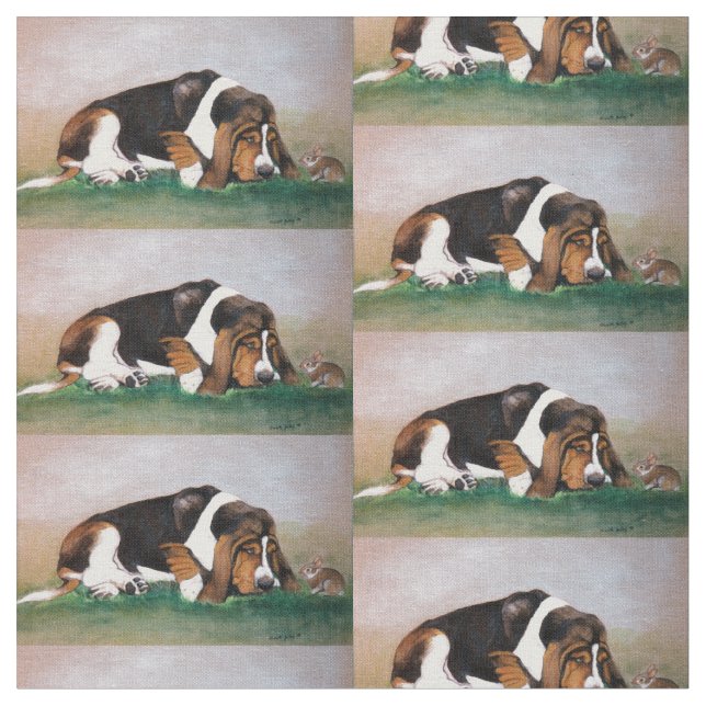 Basset Hound and Bunny Hund Art Fabric Tyg (Närbild)