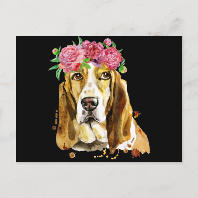 Basset hound-blomma krona vattenfärgsdel hund mamm vykort (Framsida)