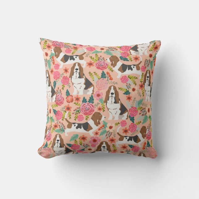 Basset hound blommig hundkudde - söt hunddesign kudde (Framsida)