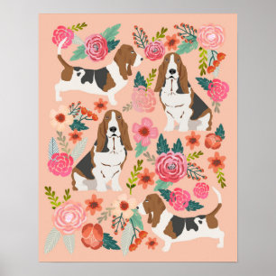 Basset Hound-Blommigtar - Hund Art Poster
