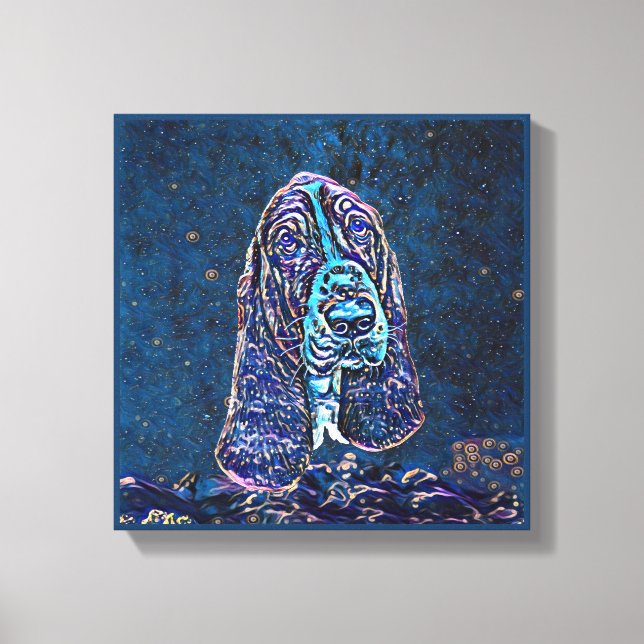 Basset hound Blue Starry Night Painting Stil Canvastryck (Framsida)