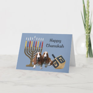 Basset Hound Chanukah Card Menorah Dreidel Helgkort