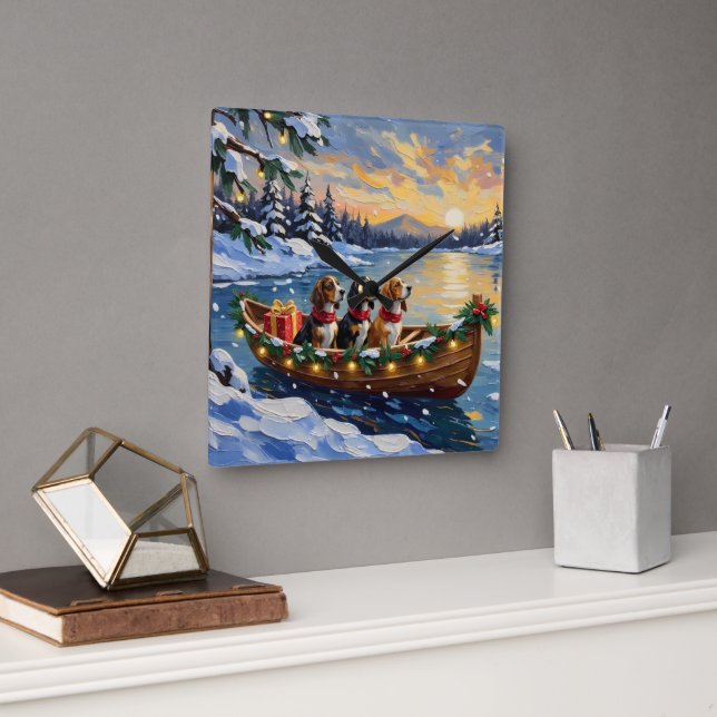 Basset Hound Christmas Boat Holiday Fyrkantig Klocka (Kontor)