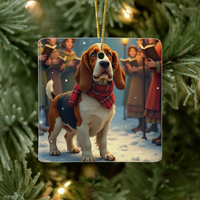 Basset Hound Christmas Carol Singers Painting Julgransprydnad Keramik (Träd)