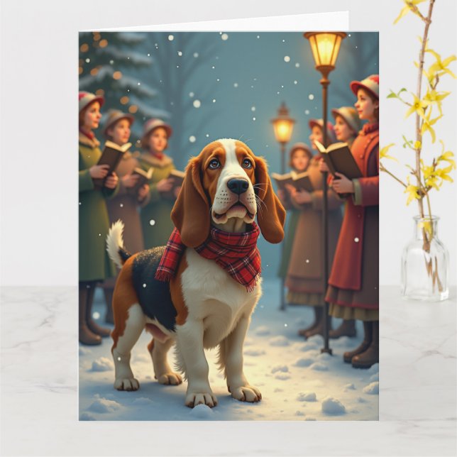 Basset Hound Christmas Carol Singers Painting Kort (Gul blomma)
