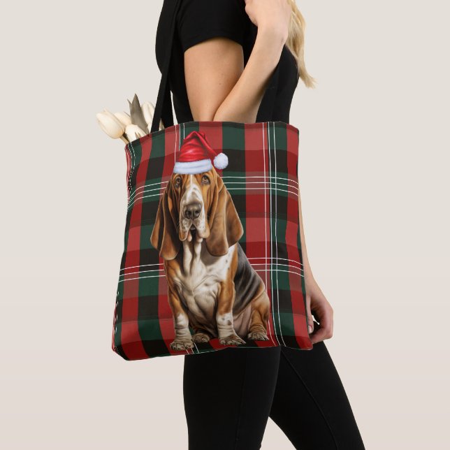Basset Hound Christmas Dog Red Seasonal Plaid Tygkasse (Närbild)