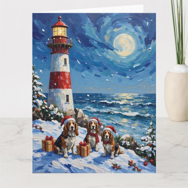 Basset Hound Christmas Lighthouse Holiday Kort (Framsida)