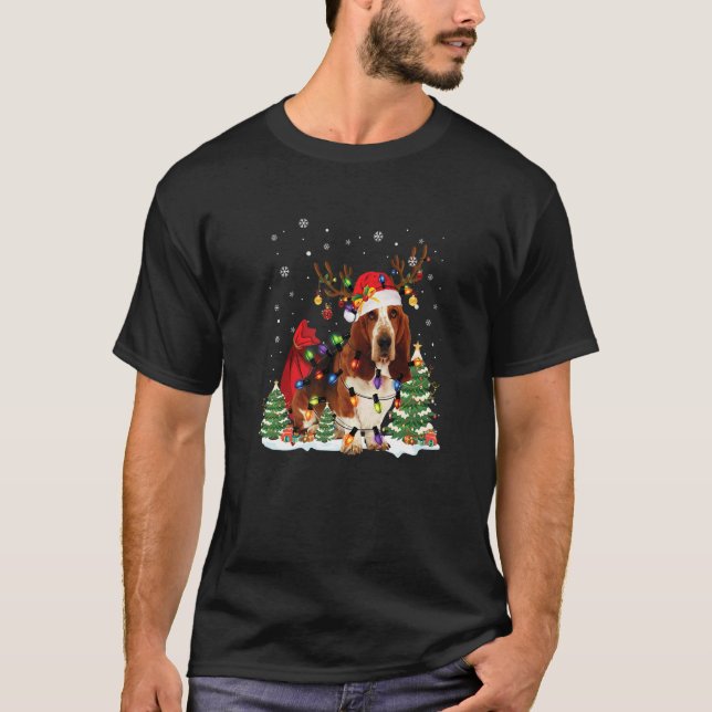 Basset Hound Christmas Reindeer Santa Hat Pajama T Shirt (Framsida)